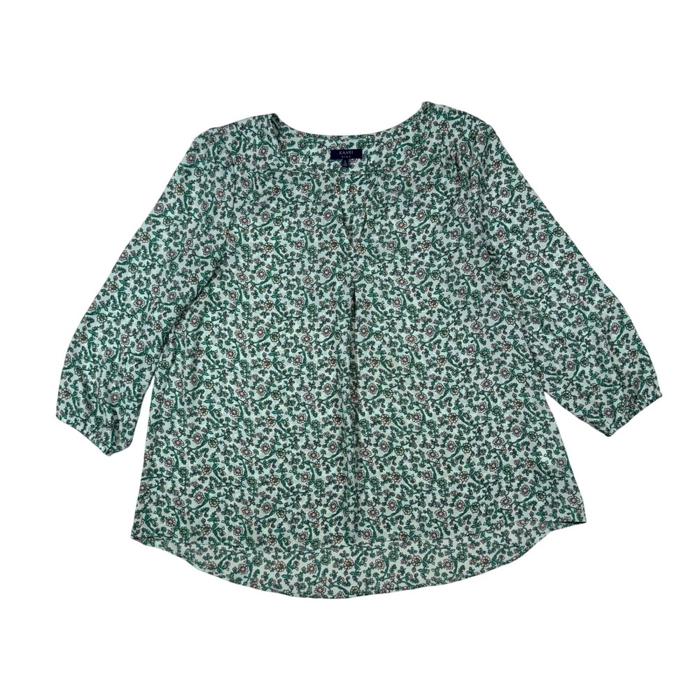 Kaari Blue Pink Floral Blouse Womens L Green Split Neck Boho Cottagecore Peasant